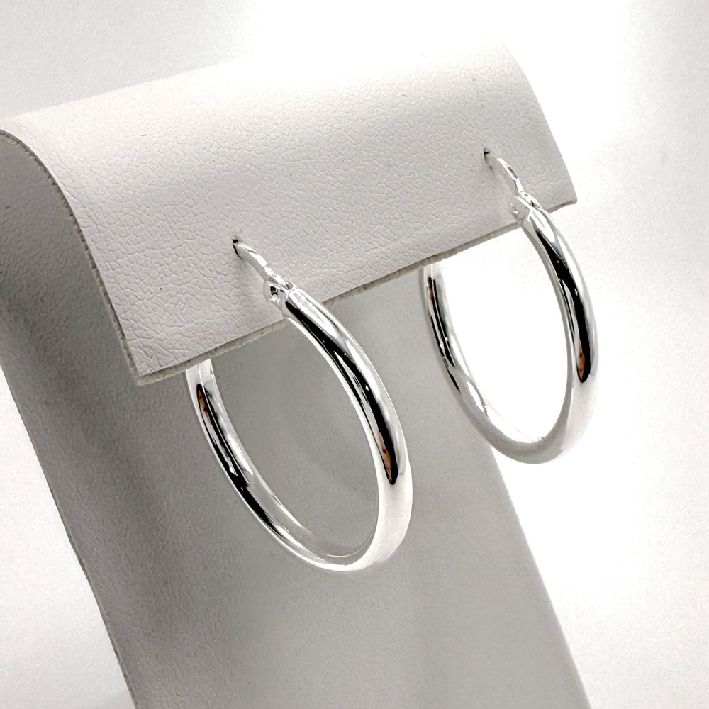 .925 Sterling Silver 3mm x 30mm Tube Hoop Earrings - Picture 3 of 13